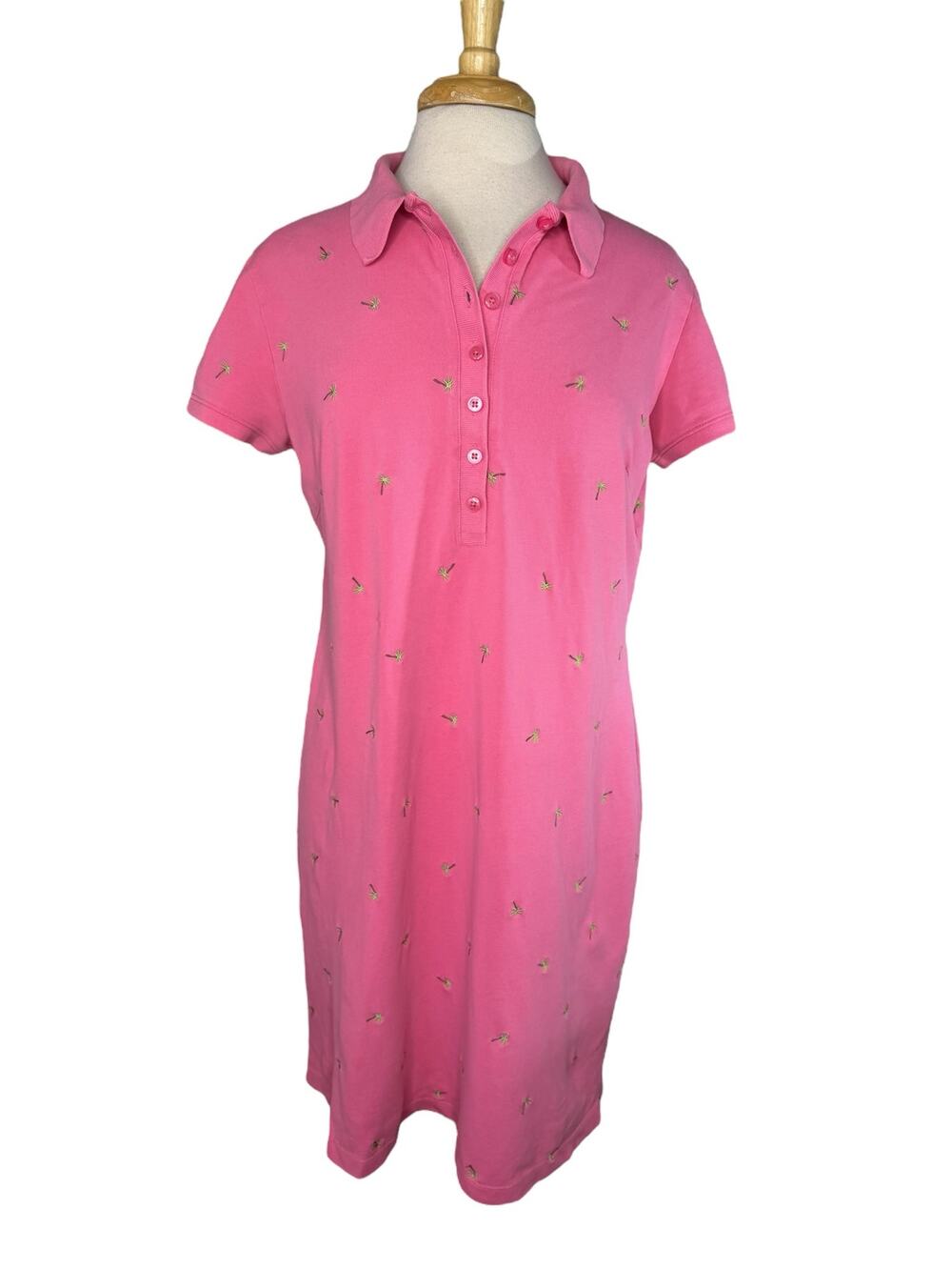 TALBOTS Pink with Palm Tree Polo Shirt Dress Sz Large Cotton Blend Short Sleeve